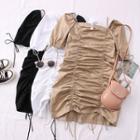 Wide-neck Ruched Drawstring Mini Dress