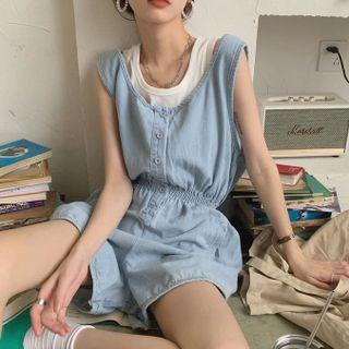 Sleeveless Denim Wide-leg Romper Romper - Blue - One Size