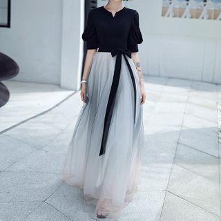 Puff Sleeve Mesh Panel A-line Evening Gown
