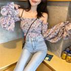 Floral Off-shoulder Long-sleeve Slim-fit Top