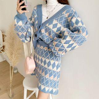 Set: Balloon-sleeve Argyle Cardigan + A-line Skirt