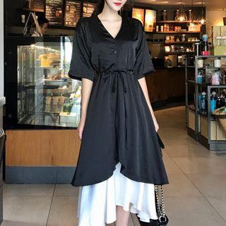 Set: Short-sleeve Drawstring Waist A-line Dress + Spaghetti-strap Dress As Shown In Figure - One Size