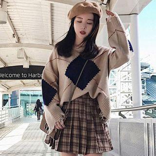 Set: Distressed Argyle Sweater + Pleated Mini Skirt