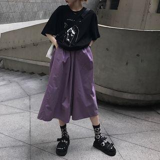 Midi A-line Skirt / Printed Elbow-sleeve T-shirt