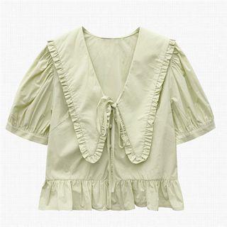 Short-sleeve Short-sleeve Wide-collar Frill Trim Cropped Blouse