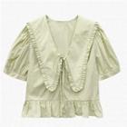Short-sleeve Short-sleeve Wide-collar Frill Trim Cropped Blouse
