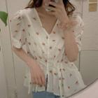 Floral Print Puff-sleeve Blouse As Shown In Figure - One Size