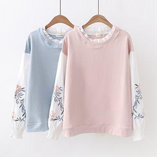 Frill-trim Floral Embroidered Sweatshirt / Mock Two-piece Sweatshirt