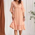 Flared-sleeve V-neck Midi A-line Dress