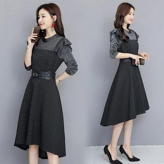 Pinstriped Long-sleeve Midi A-line Dress