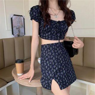 Short-sleeve Flower Print Crop Top / Mini Pencil Skirt / Set
