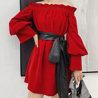 Off-shoulder Long-sleeve Mini A-line Dress With Belt