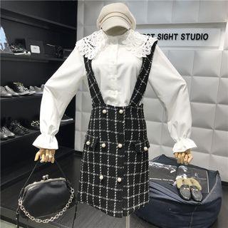 Set: Lace Collar Long-sleeve Blouse + Suspender Tweed Skirt