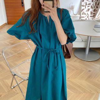 Lantern-sleeve Tie Waist Plain Dress