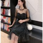 Sequined Elbow-sleeve Layered Mesh A-line Dress