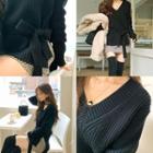 V-neck Deep-slit Rib-knit Top With Sash