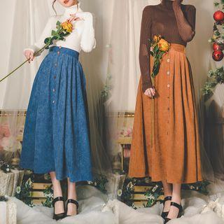 Button-detail Corduroy Pleated Maxi Skirt