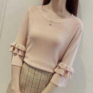 3/4-sleeve Ruffle Knit Top