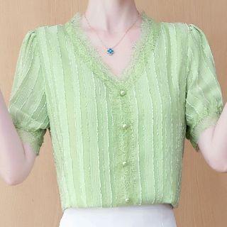 Short-sleeve Lace Trim Beaded Top