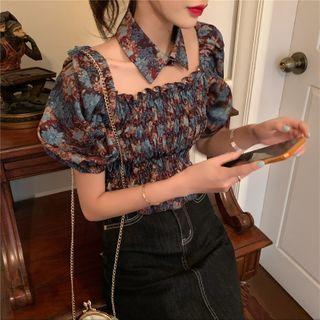 Puff Sleeve Square Neck Floral Cropped Top
