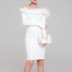 Long-sleeve Off-shoulder Fluffy Trim Knit Sheath Dress White - One Size