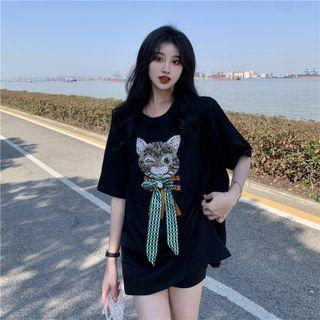 Short-sleeve Cat Embroidered Faux Pearl T-shirt