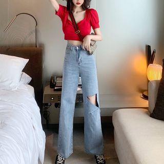 Puff-sleeve Plain Cropped Top / High-waist Jeans