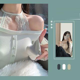 Long-sleeve Off-shoulder Halter Neck Lace Trim Top