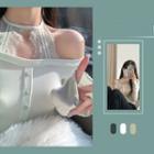 Long-sleeve Off-shoulder Halter Neck Lace Trim Top