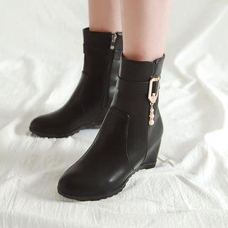 Faux Leather Buckle Detail Hidden Wedge Short Boots