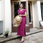 Cap-sleeve Slit-side Linen Dress
