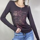 Long Sleeve Rose & Lettering Print T-shirt