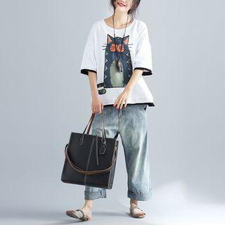 Printed Mock Two-piece 3/4 Sleeve T-shirt
