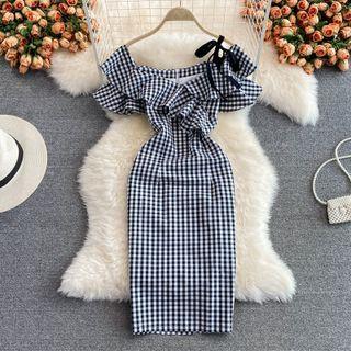 Short-sleeve Off-shoulder Gingham Sheath Dress