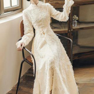 Flared-cuff Fringed Lace Midi A--line Dress