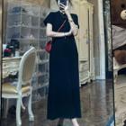 Short-sleeve Mock Neck Plain Midi Shift Dress