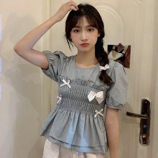 Balloon-sleeve Ruffled Smocked Blouse