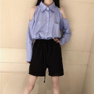 Long Sleeve Cutout Striped Shirt Blue - One Size