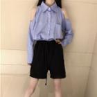 Long Sleeve Cutout Striped Shirt Blue - One Size