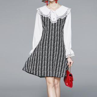 Long-sleeve Plaid Panel Mini A-line Knit Dress As Shown In Figure - One Size
