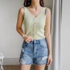 Sleeveless Button-front Rib-knit Top