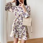 Bell-sleeve Floral Print Wrap-front Dress One Size
