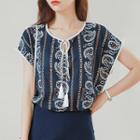 Cap-sleeve Piped Patterned Blouse
