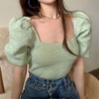 Puff-sleeve Square Neck Knit Top Light Green - One Size
