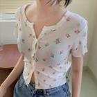 Short-sleeve Floral Print Button T-shirt White - One Size