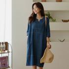Tab-sleeve Stitched Midi Denim Dress