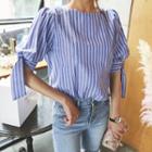 Beribboned Puff-sleeve Stripe Top