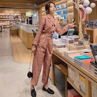 Long-sleeve Double Breasted Plaid Jumpsuit