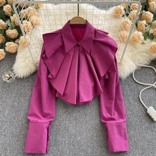 Plain Lapel Ruffle Long-sleeve Top