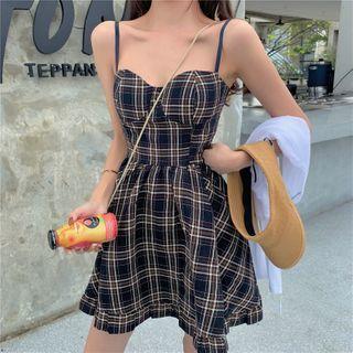 Sleeveless Check A-line Dress As Shown In Figure - One Size